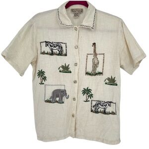 VTG New Directions Safari Print Embroidered Button Shirt Large Linen Cotton
